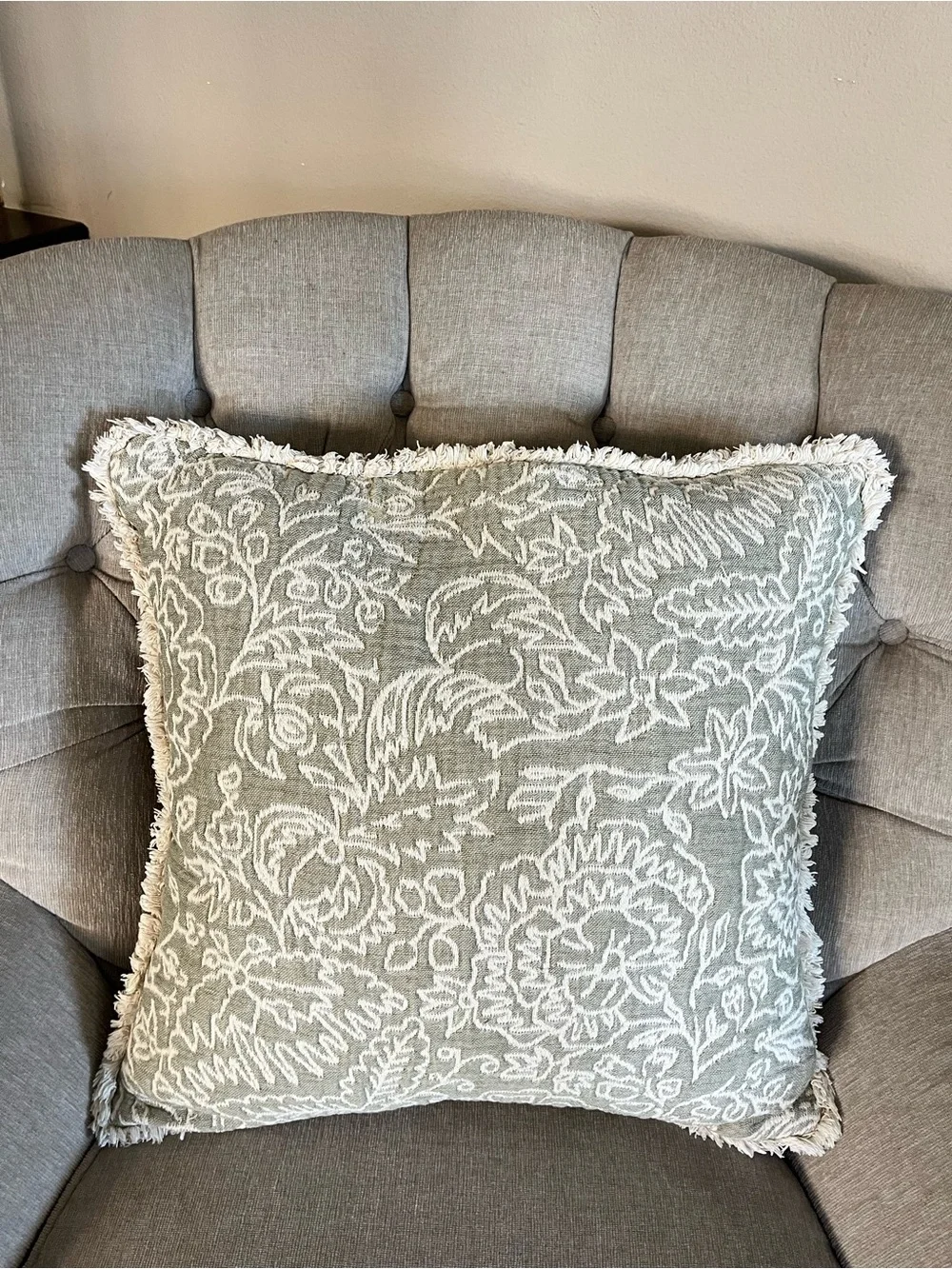 Textured Floral Fringe Throw Square Pillow - Gray Cream 20”x20”